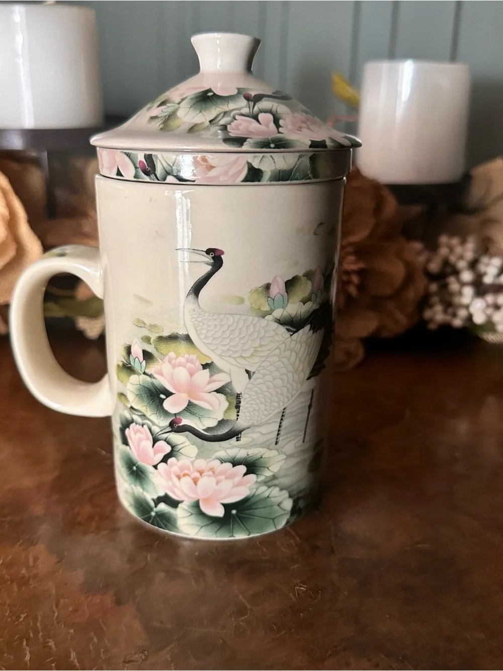 World Market Porcelain Crane & Lotus Lidded Tea Mug Cream Pink Green